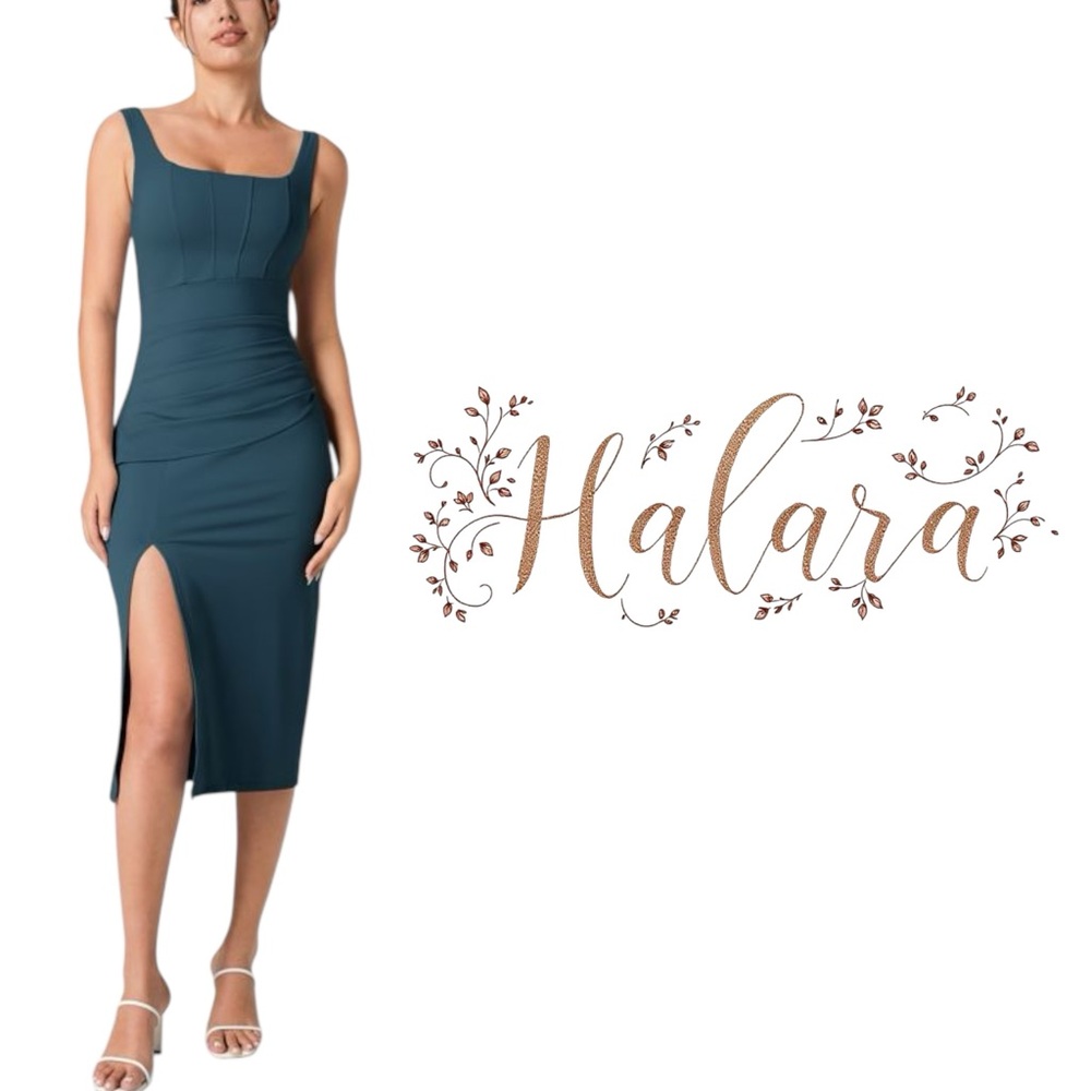 Halara square neck corset rushed midi dress Majolica Blue size XL 16 - Picture 13 of 13